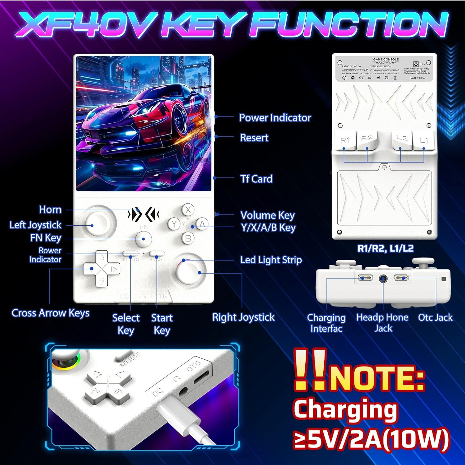 XF40V Retro Handheld Game Console with 2X Detachable Joysticks – 4.0 Inch IPS HD