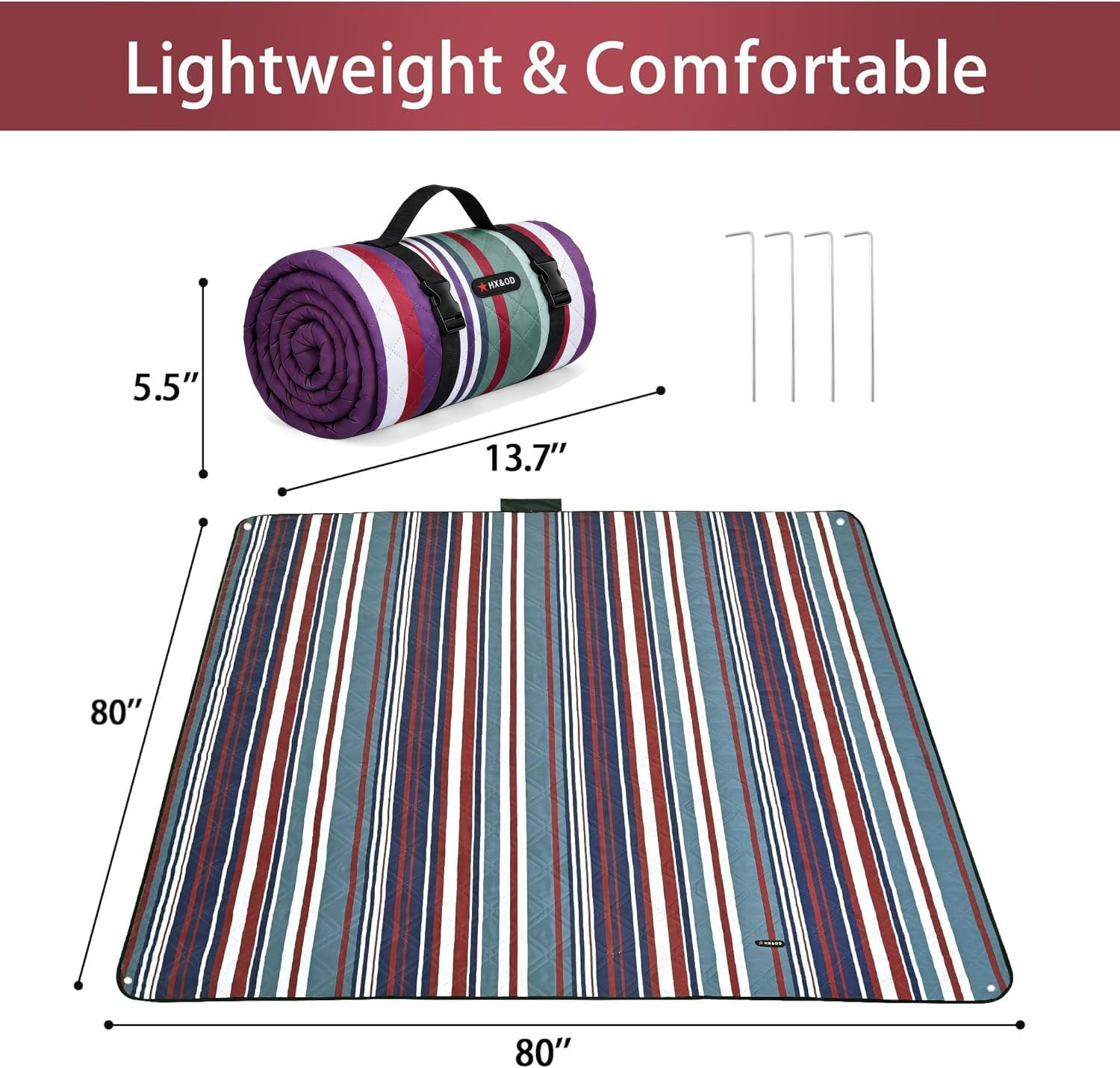HX&OD Outdoor Picnic Blanket Extra Large, 80”*80” Waterproof Picnic Mat with S