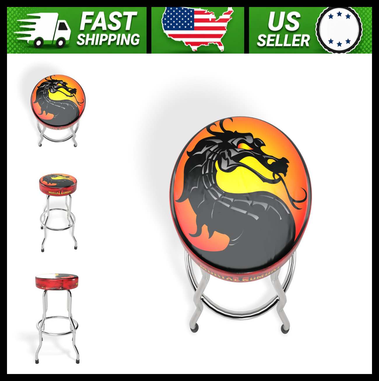 Arcade1Up Mortal Kombat II Adjustable Gaming Stool Chrome Steel Frame