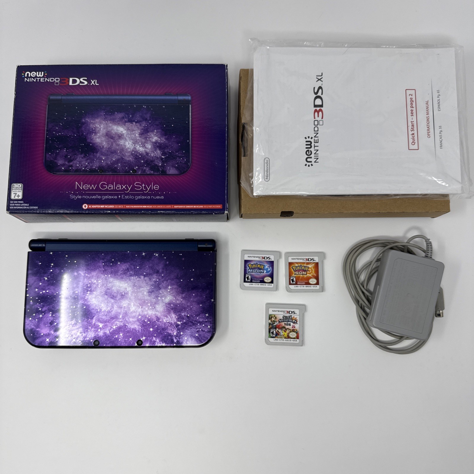 New Nintendo 3DS XL Galaxy Edition Handheld Console CIB + Pokemon & Super Smash