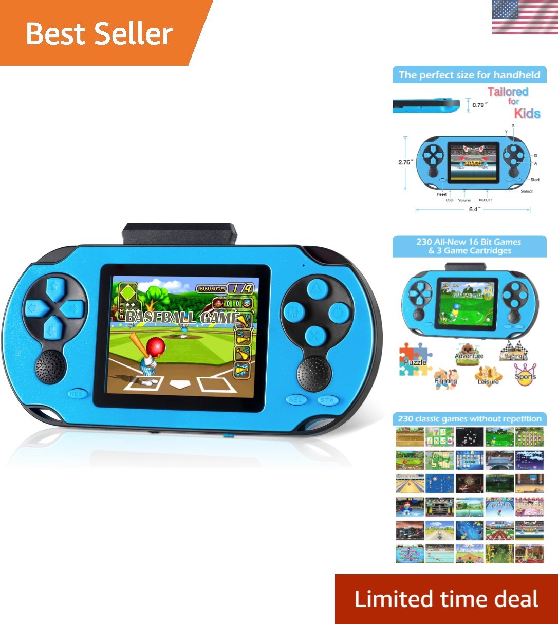 16 Bit Handheld Game Console – 230 Retro Games, USB Rechargeable, 3.0” Screen