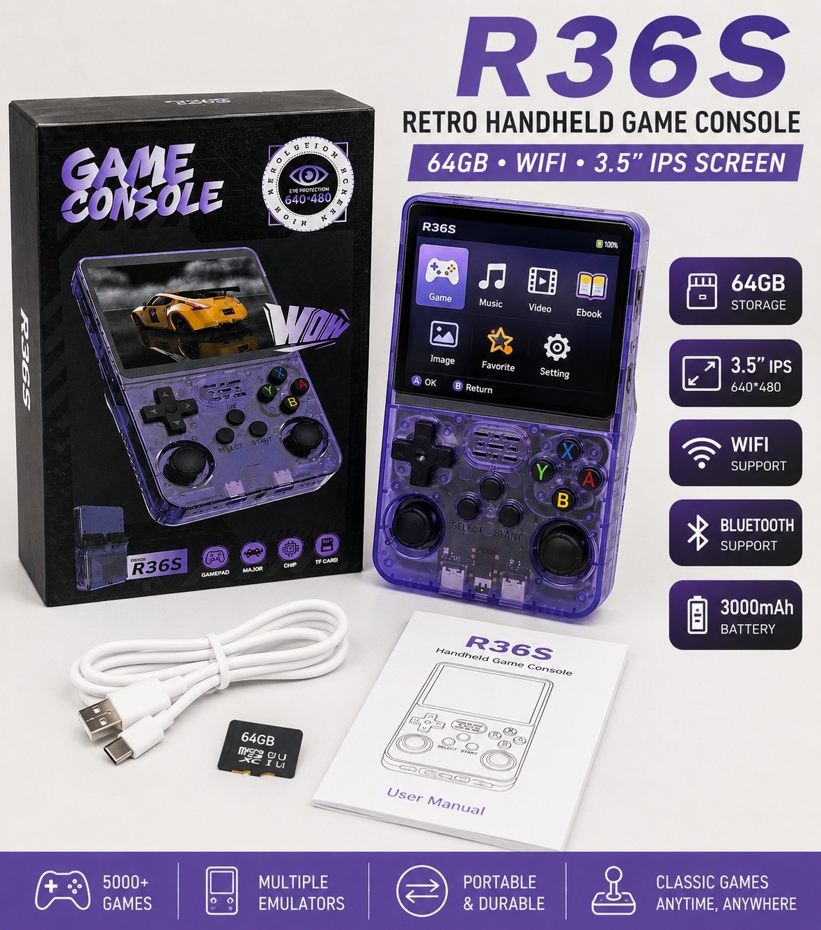 R36S Retro Handheld Console 64GB Purple WiFi Linux PSP N64 PS1 NDS GBA New