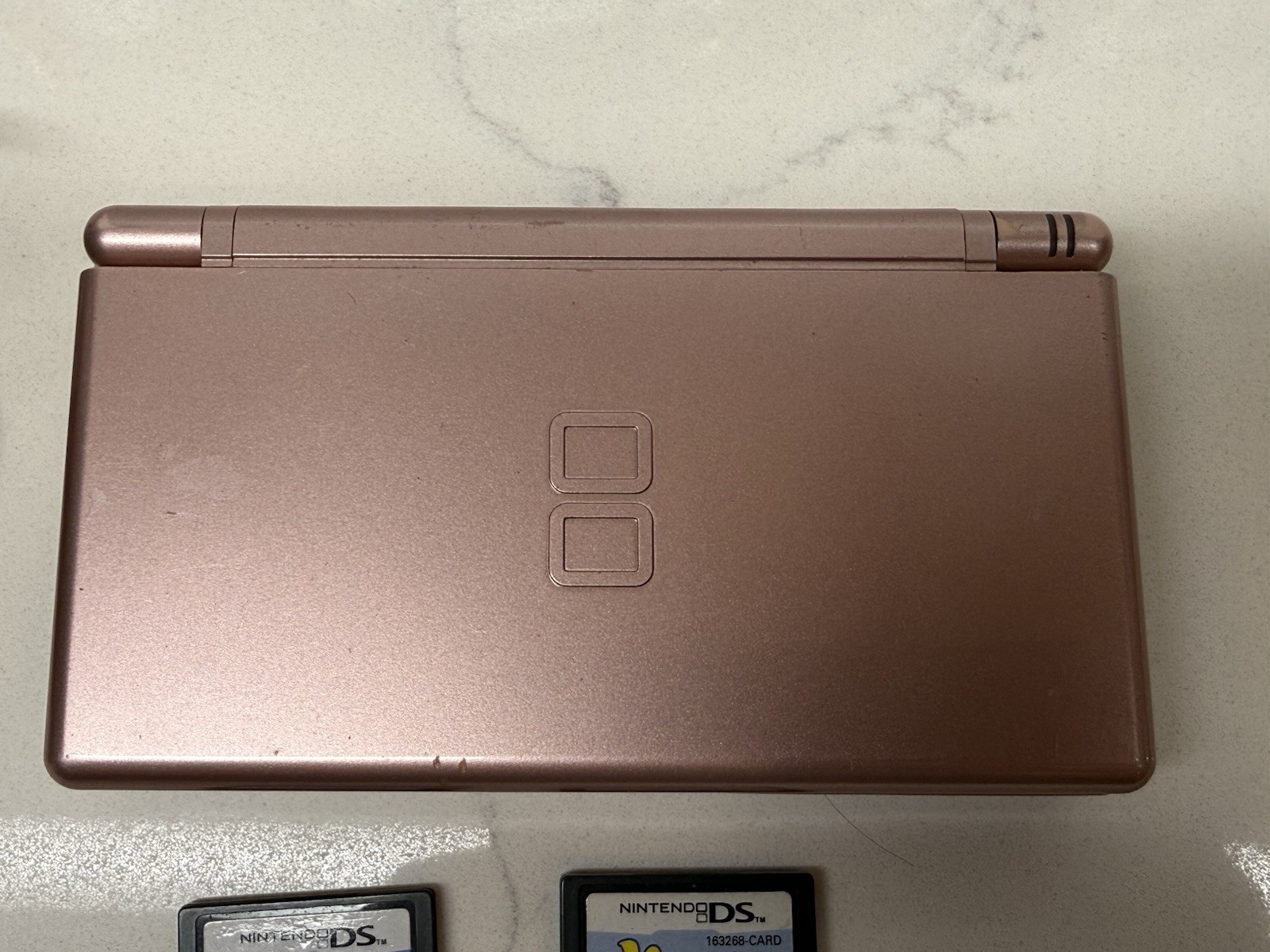 Nintendo DS Lite Handheld Console Metallic Rose W/ Charger + 2 Games FOR PARTS