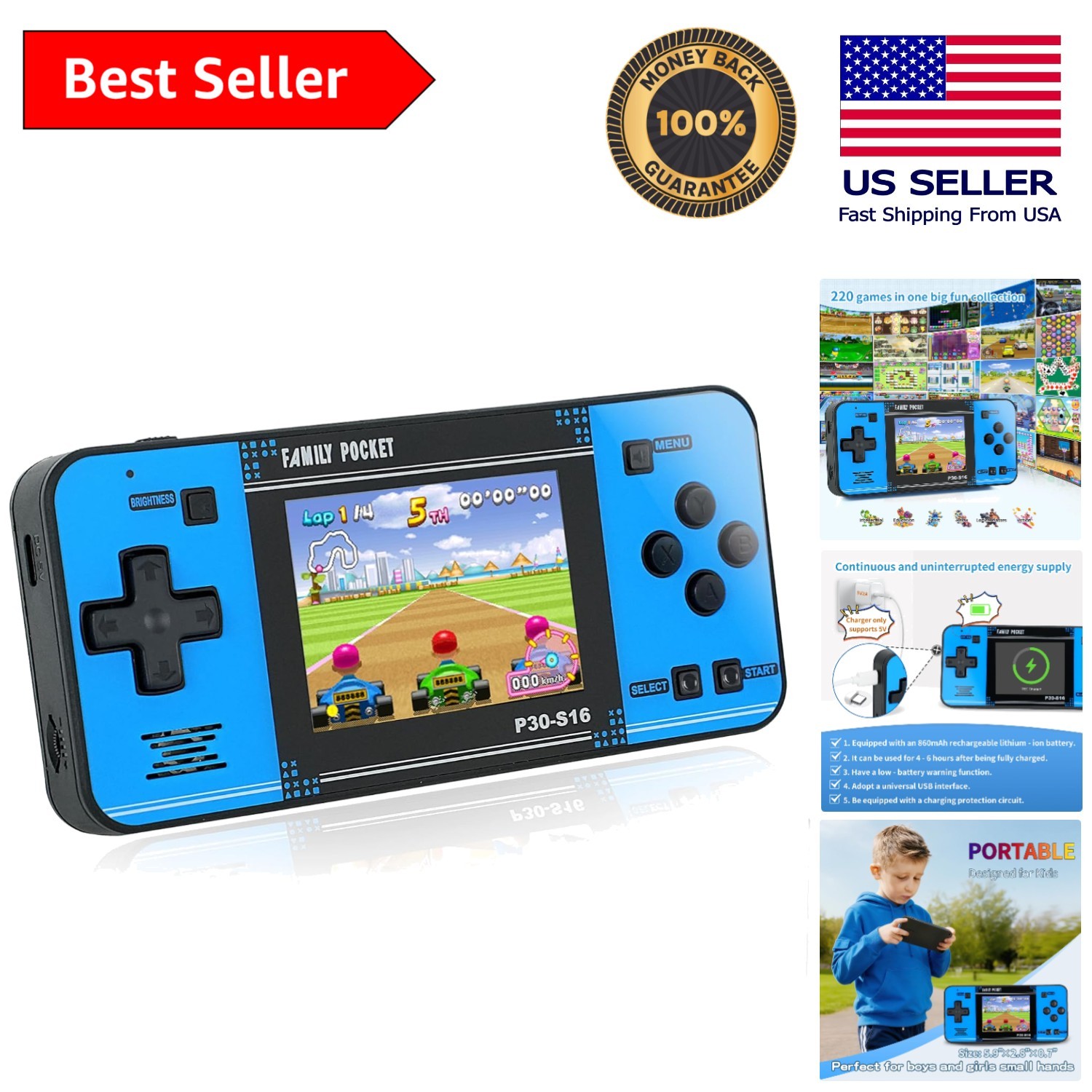 220 Preloaded Retro Games Handheld Console – Rechargeable 3.0″ LCD for Kids