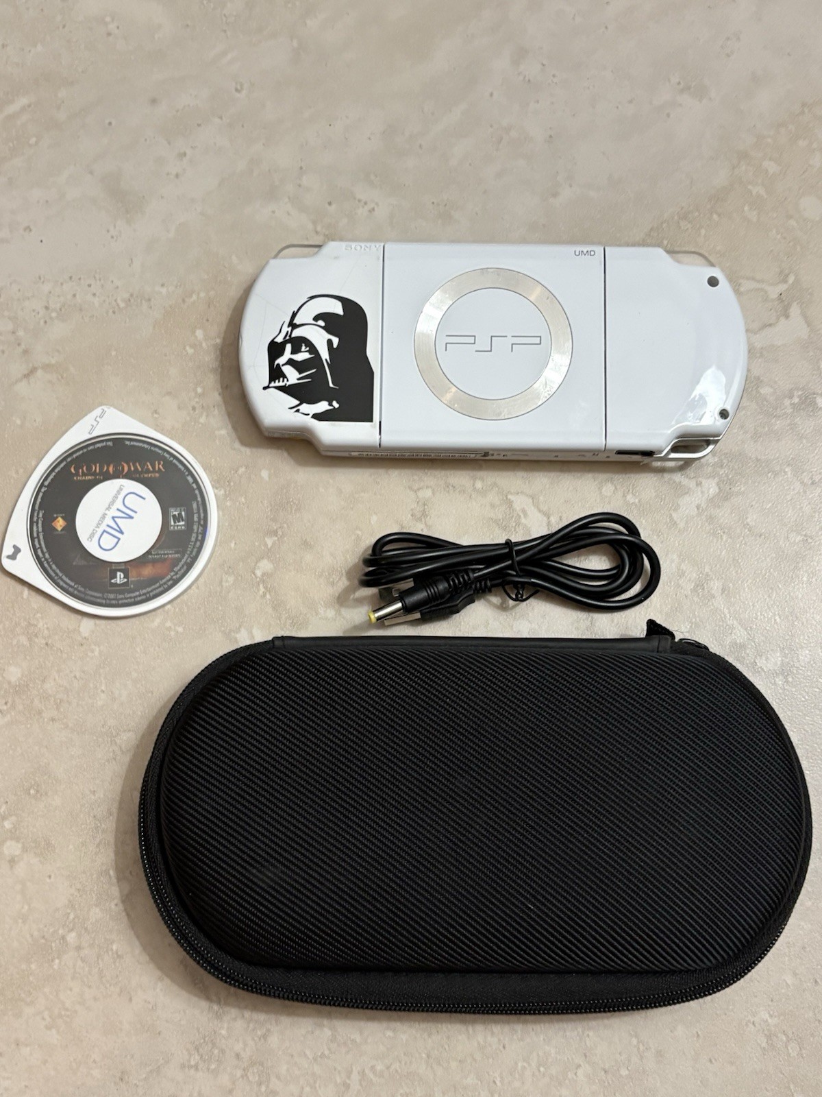Sony PSP White Wi-Fi Handheld Console with Darth Vader Decal With God Of War UMD