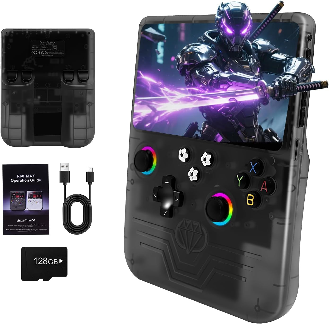 R60 Max Handheld Game Console,128Gb Retro Gaming Console with 40,000+ Games, 6-I
