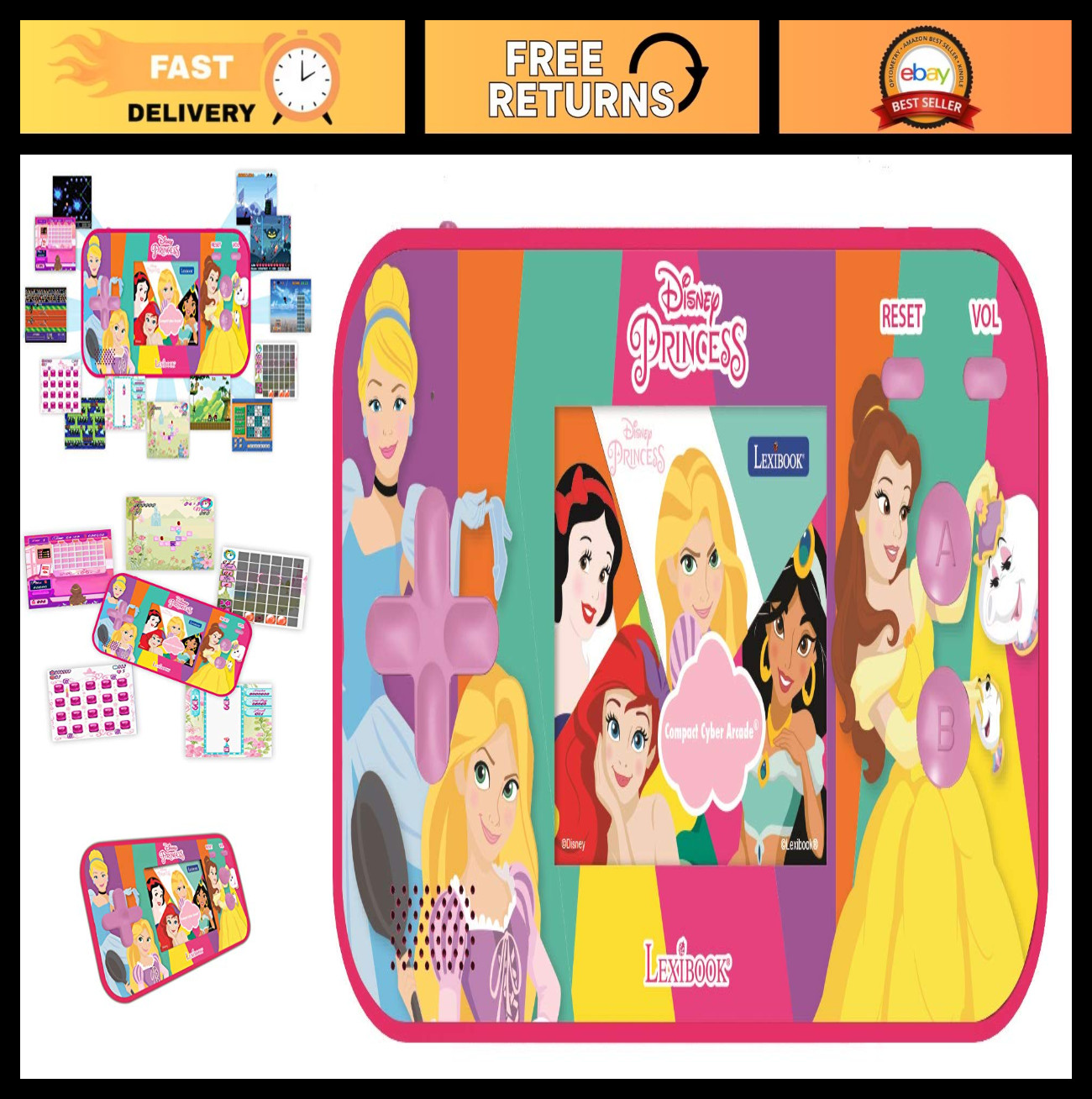 Compact Portable Gaming Console – Disney Princess 150 Games, LCD Color Screen, B