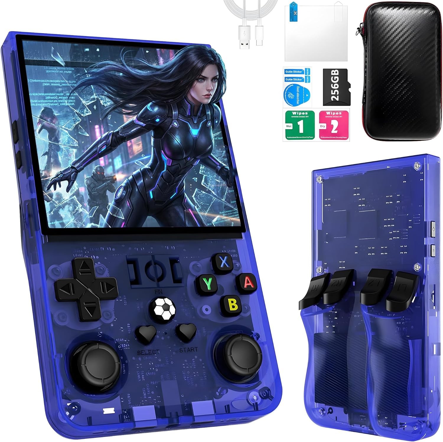 R36MAX Handheld 40000+ Games 256GB Transparent Blue