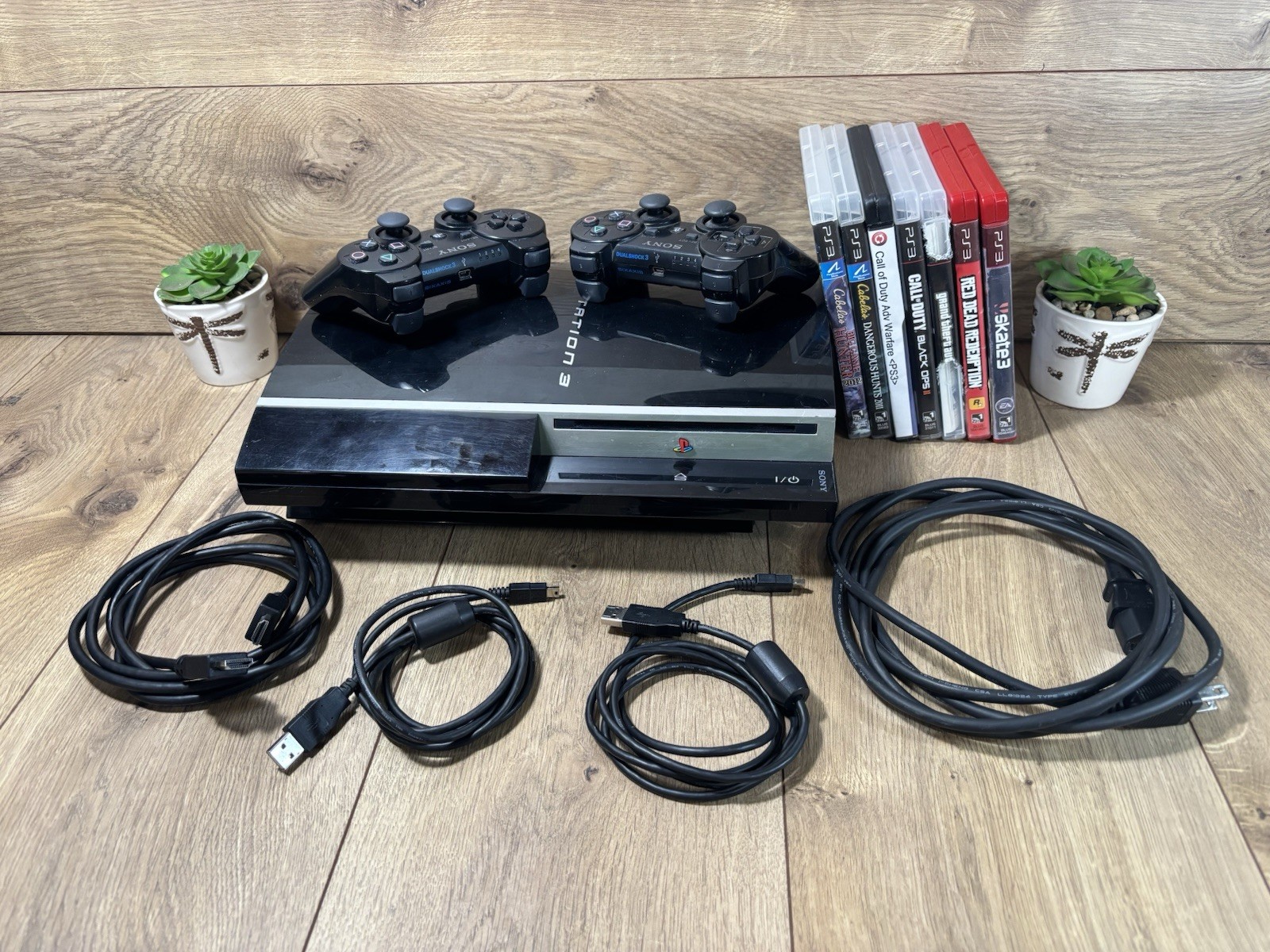 Sony PS3 Console Bundle 2 OEM Controllers GTA V Skate 3 Red Dead COD Tested