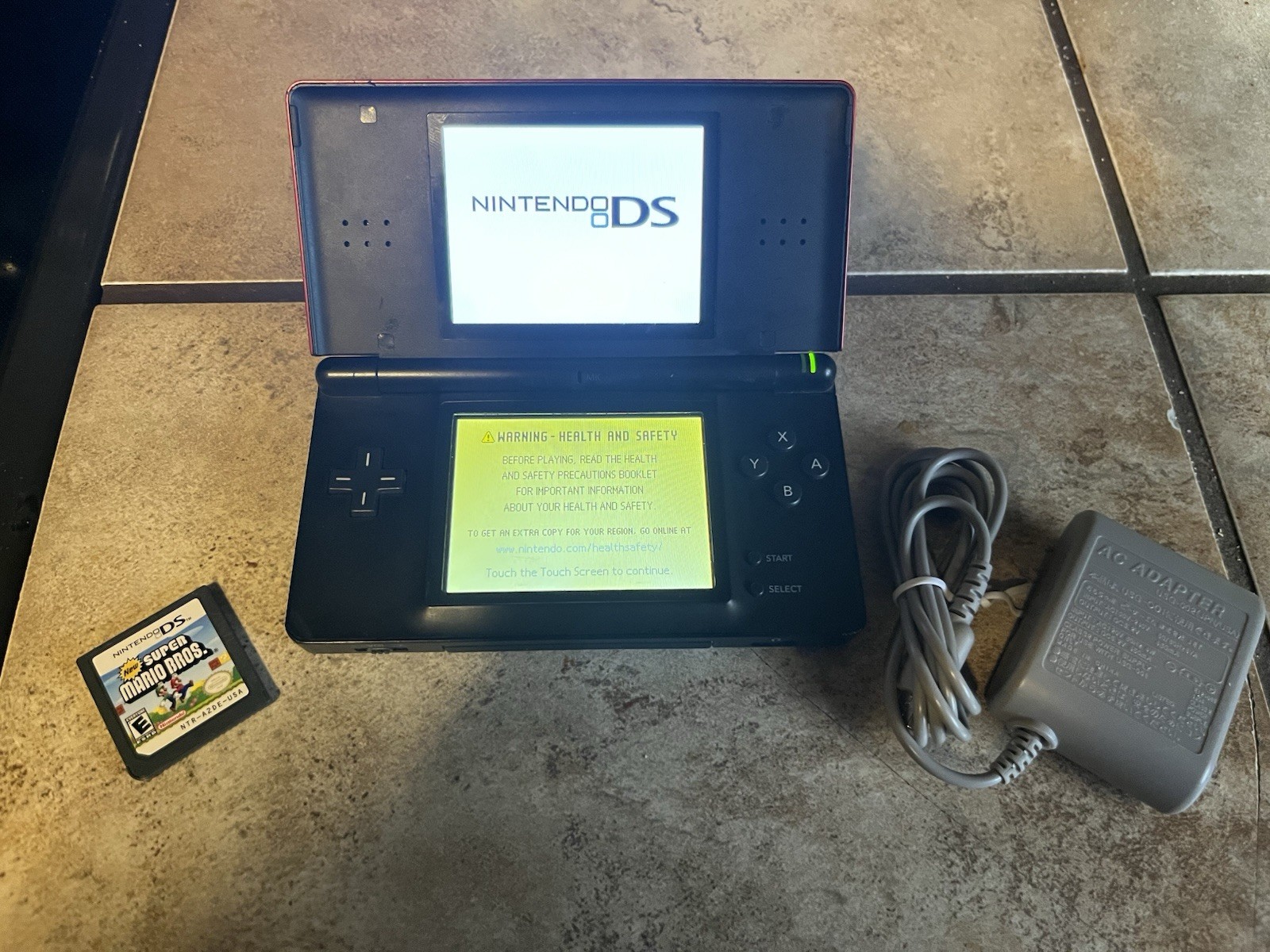 Crimson Red Nintendo Ds Lite W/ Charger And Super Mario Bros.