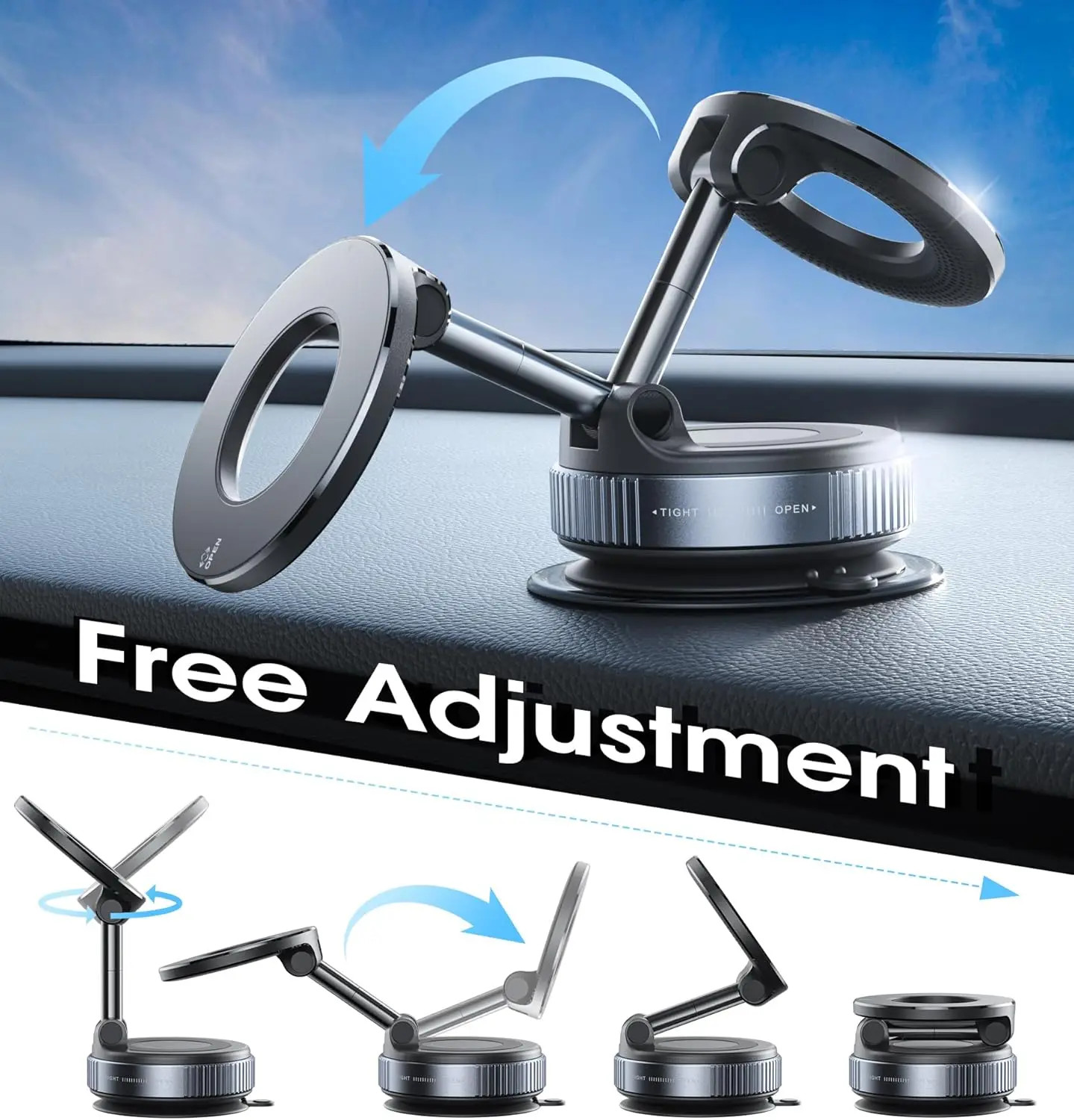 Strong Magnetic Car Phone Holder Foldable 360° Adjustable Vacuum Suction Mount U