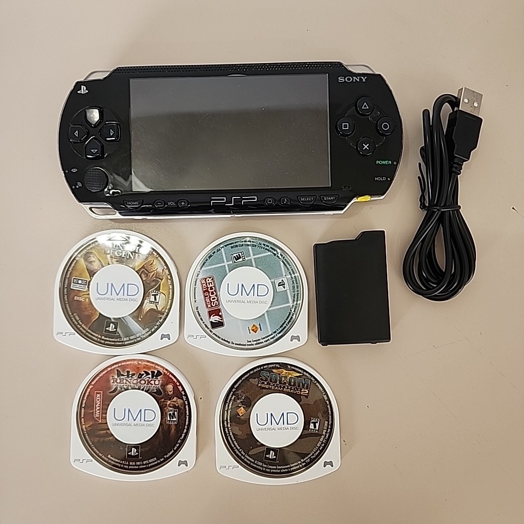 Sony PSP-1001 Bundle, Charger, Battery, Socom 2 Untold Legends Soccer Regoku