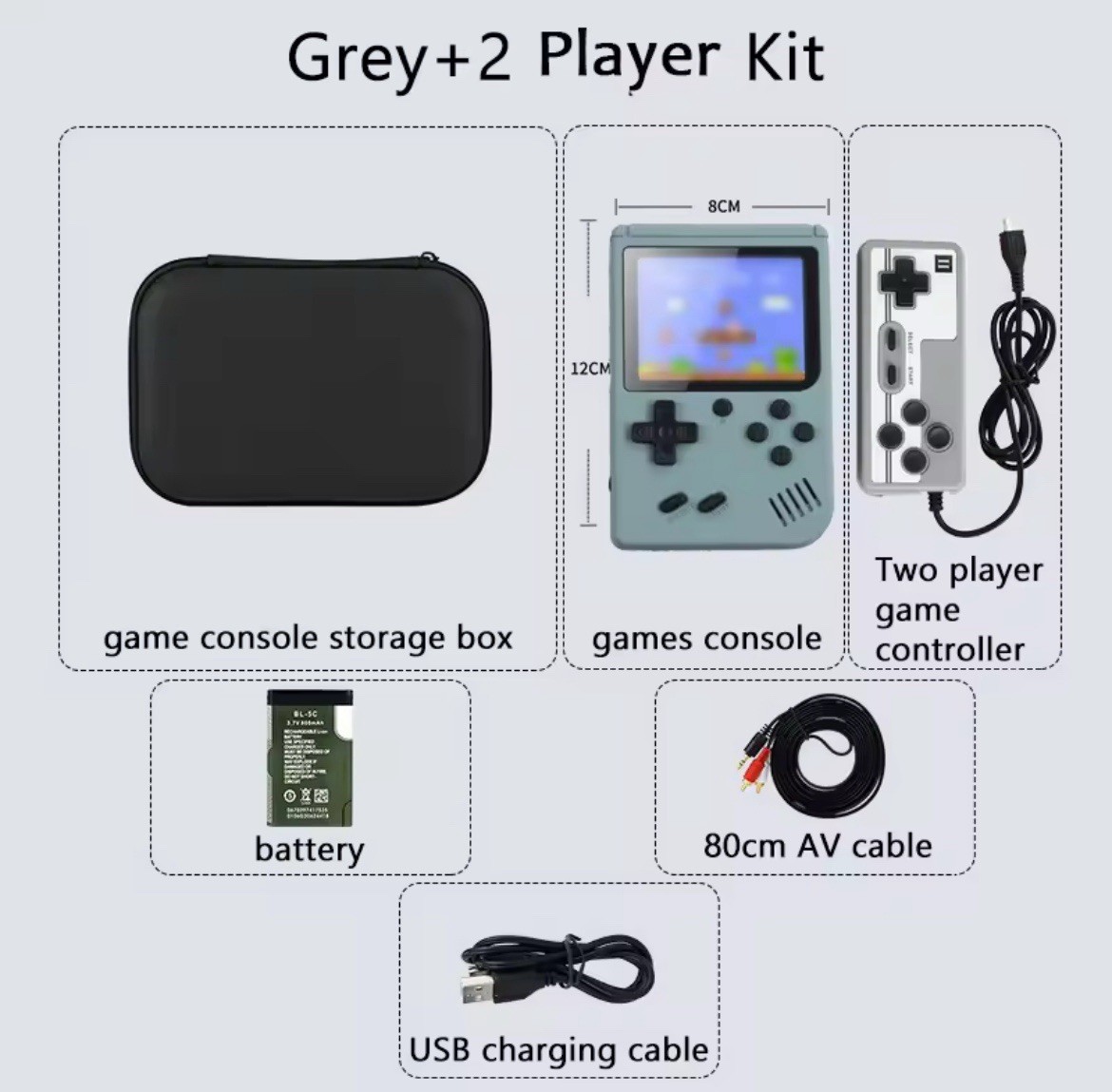 Grey Retro 8-Bit Handheld Game Console💫Game Box + Case | 500 in 1 | 2 Player