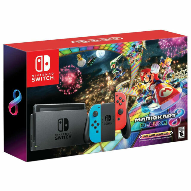 Nintendo Switch Console Joy-Con Neon Blue/Red, Mario Kart 8 + 3 Mo Online Bundle