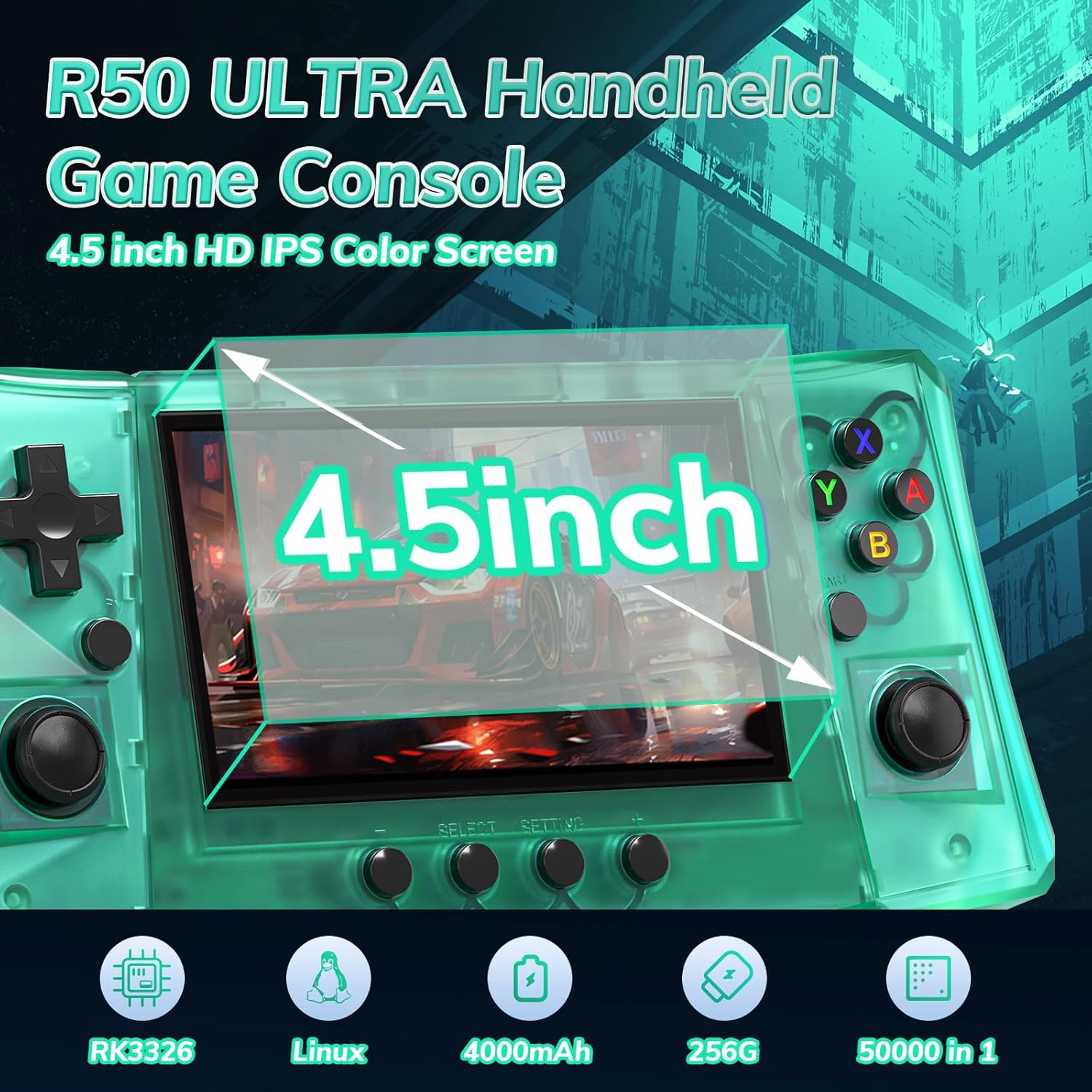 【50000 in 1】 R50 Ultra Handheld Game Console 4.5 Inch IPS Screen Mini Retro Cons