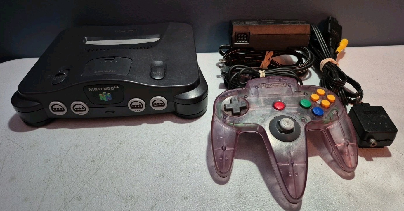 Nintendo 64 N64 Console w/Purple Translucent Controller/RF Adapter/Cords-Tested