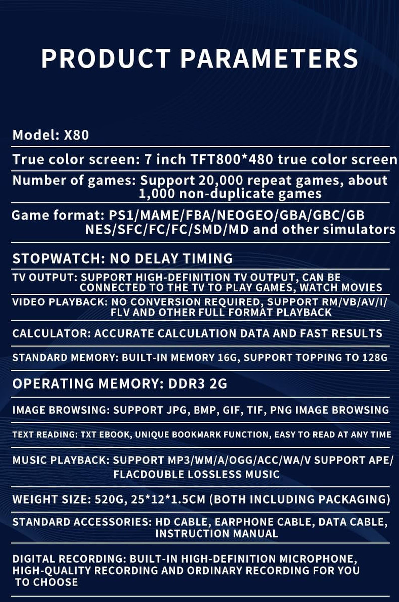 New X80 Bluered Handheld Game Console 16Gb Build in Many Games 7 Inch HD Output