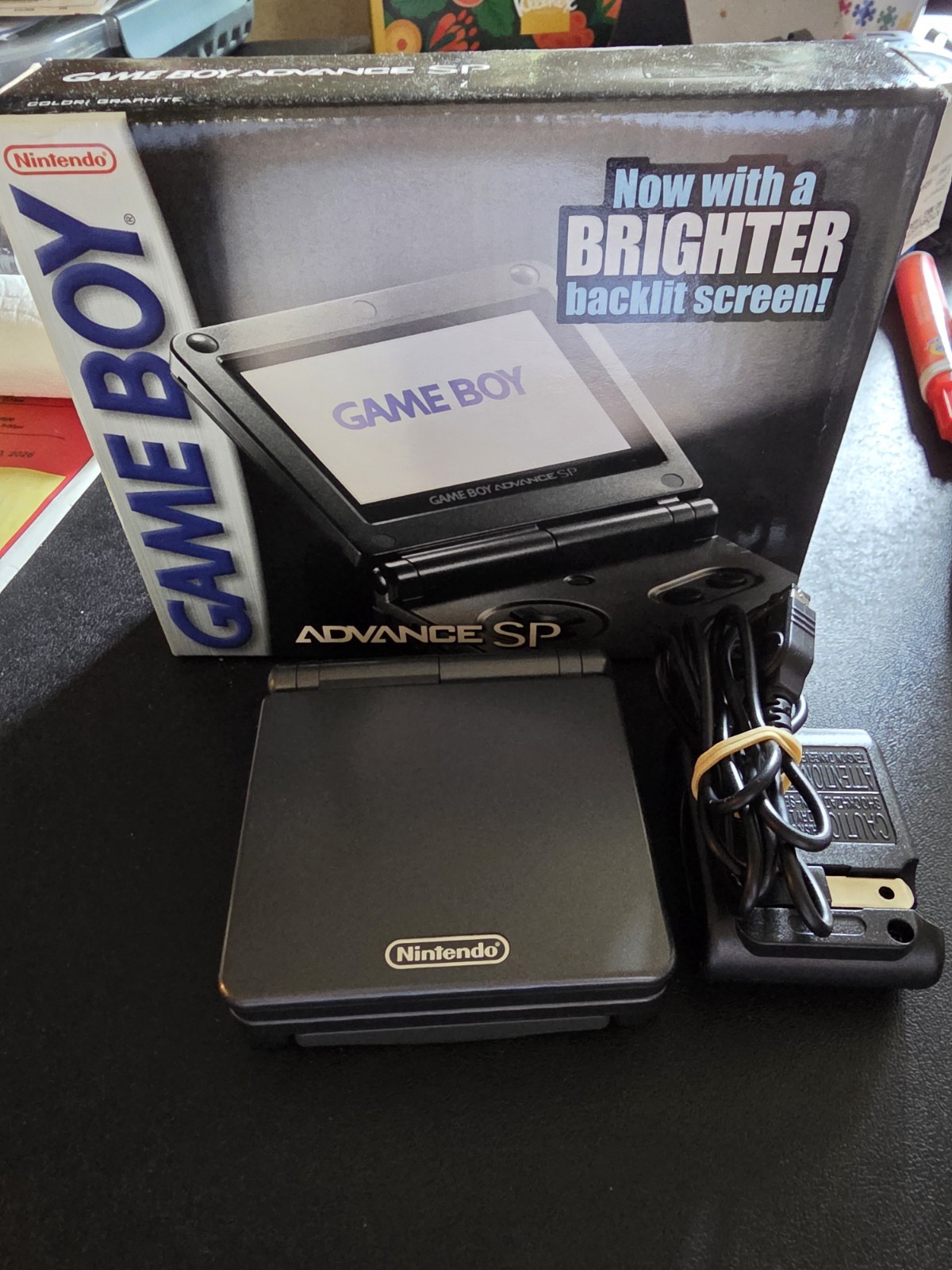 Nintendo Game Boy Advance SP graphite Handheld Console w/ AC Adapter w box