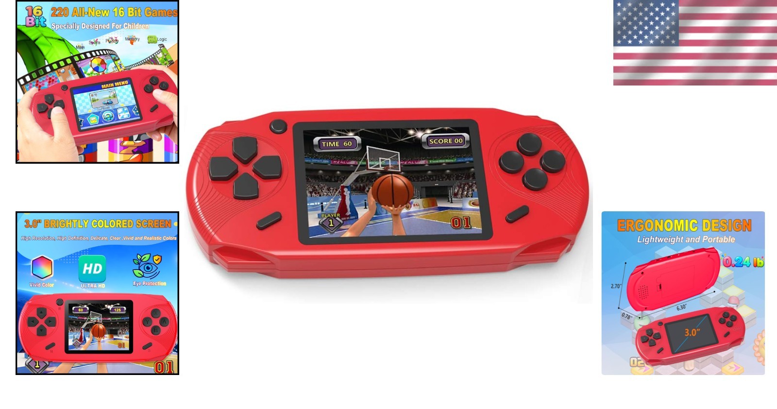 16-Bit Handheld Game Console – 220 Retro Games for Kids with 3.0” Screen