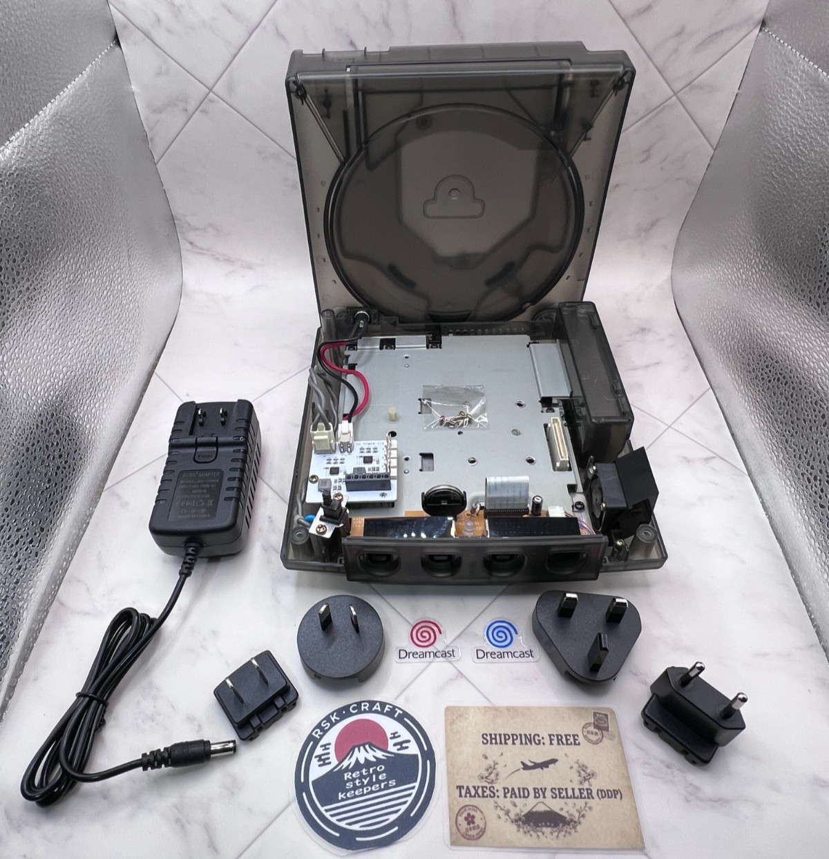 Sega Dreamcast VA1 Smoke Shell ODE-Ready Custom PSU Blue LED Battery Mod Fuse
