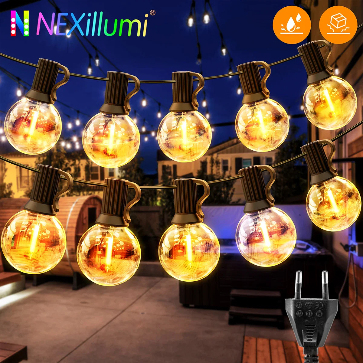 G40 LED Globe String Lights Outdoor EU Plug, IP65 Plastic Bulbs, Balcony Garland