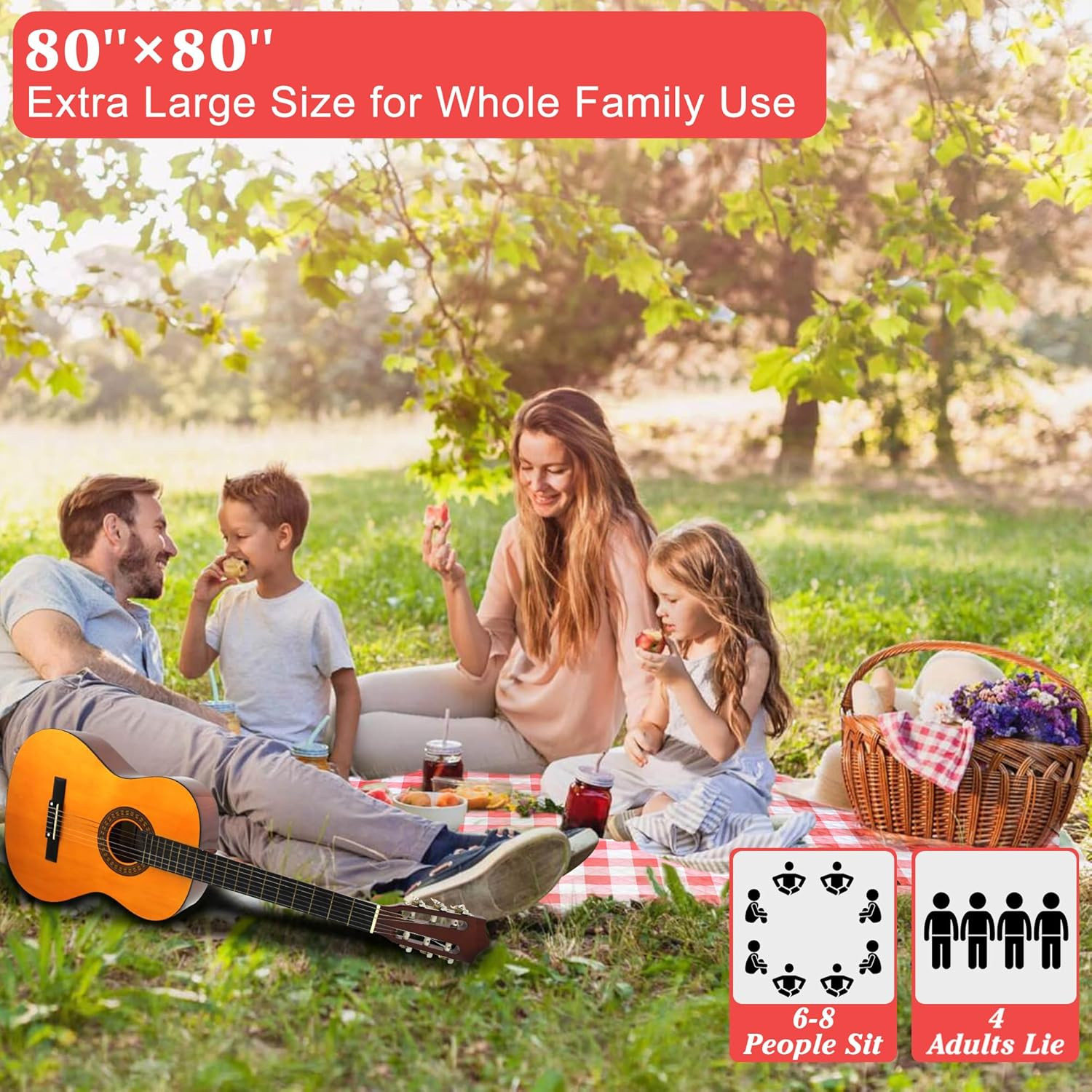Outdoor Picnic Blanket, Extra Large, 80”X80” Waterproof Foldable Blankets Ging