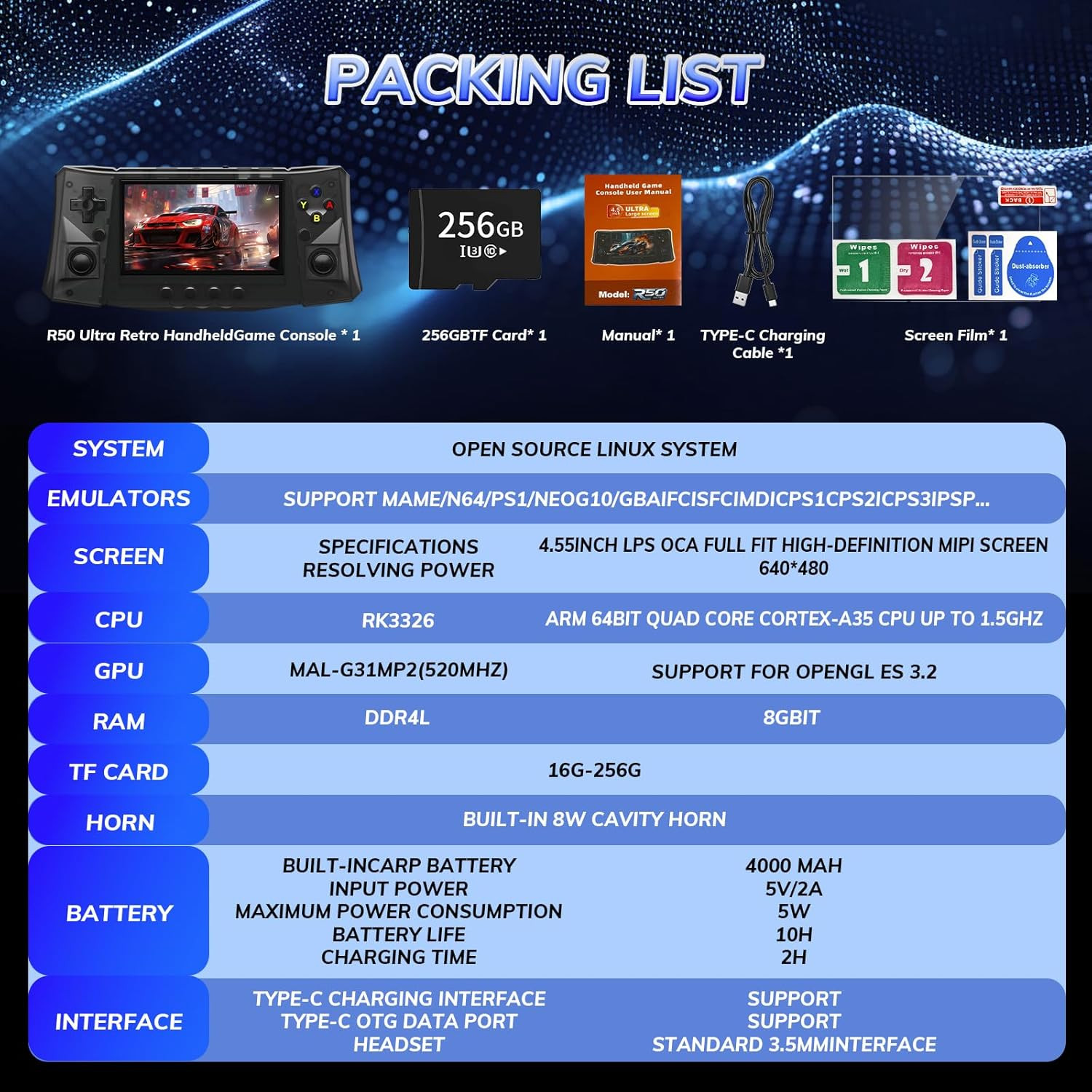 【50000 in 1】 R50 Ultra Handheld Game Console 4.5 Inch IPS Screen Mini Retro Cons