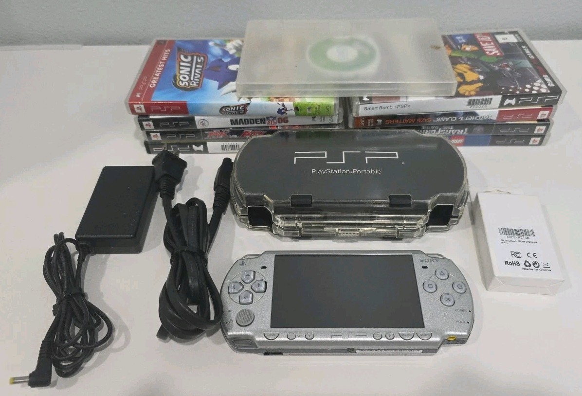 Sony PSP 2001 Bundle Silver With 9 Games Comes With Brand New Battery And Case
