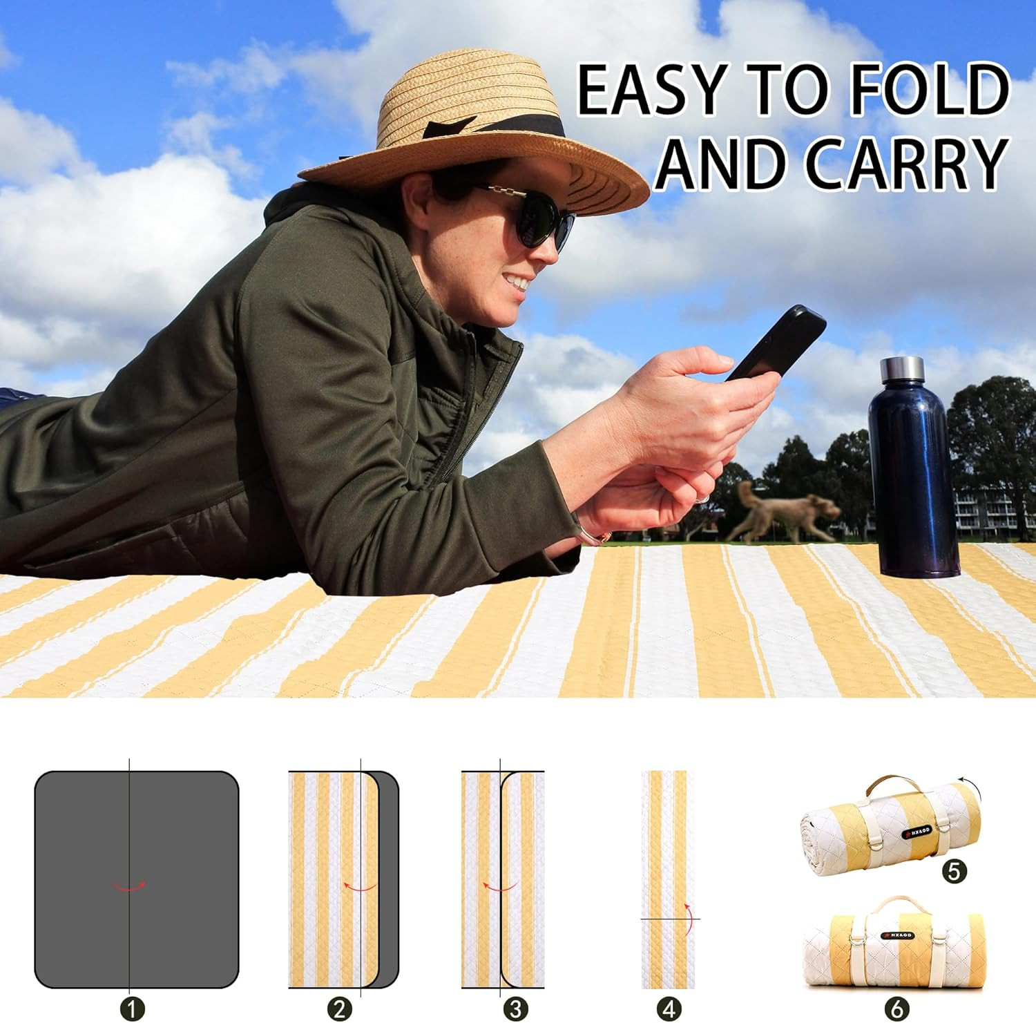 Outdoor Picnic Blanket Extra Large, 80”*80” Waterproof Picnic Mat with Stakes