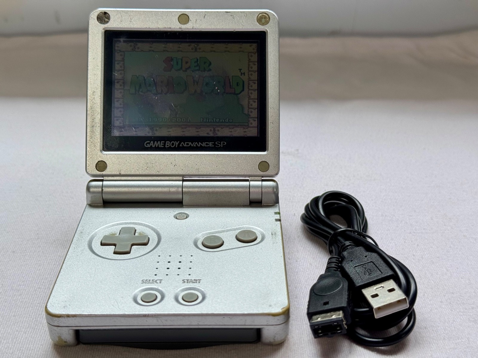 Nintendo Gameboy Advance SP AGS001 Metal Silver Handheld w/ USB Cable & Battery
