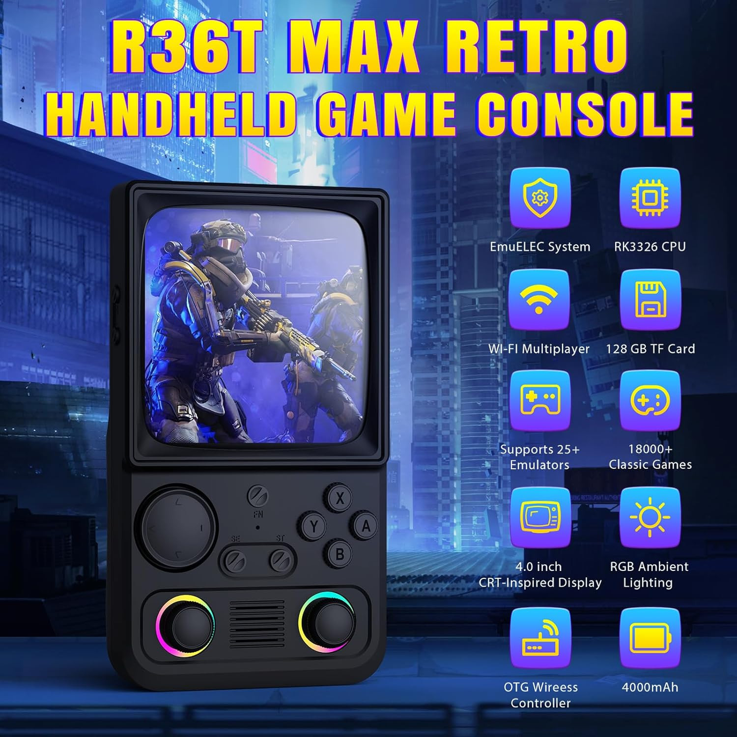 R36TMAX Upgraded Retro Handheld Game Console with 4000Mah Battery, 4.0” IPS Scr