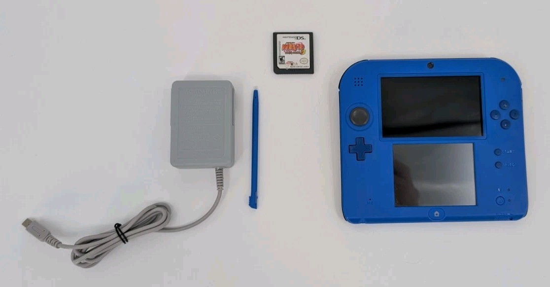 Nintendo 2DS FTR-001 Blue Black Console Charger Stylus 4GB SD Card Naruto Game