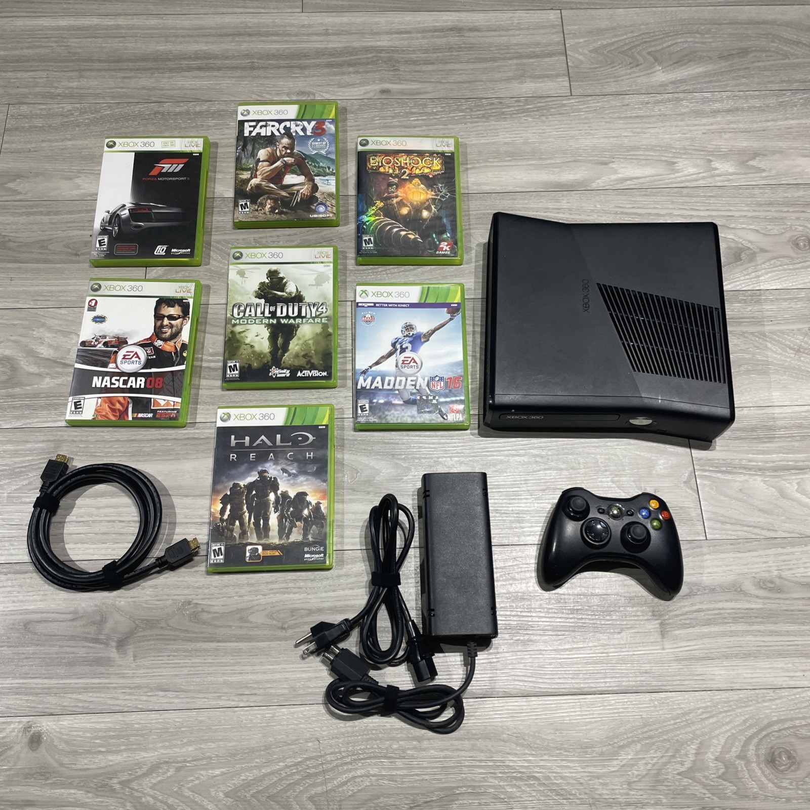 Xbox 360 S Slim Black 1439 Console w/250GB, 1 Controller, 7 Games & Cords Bundle