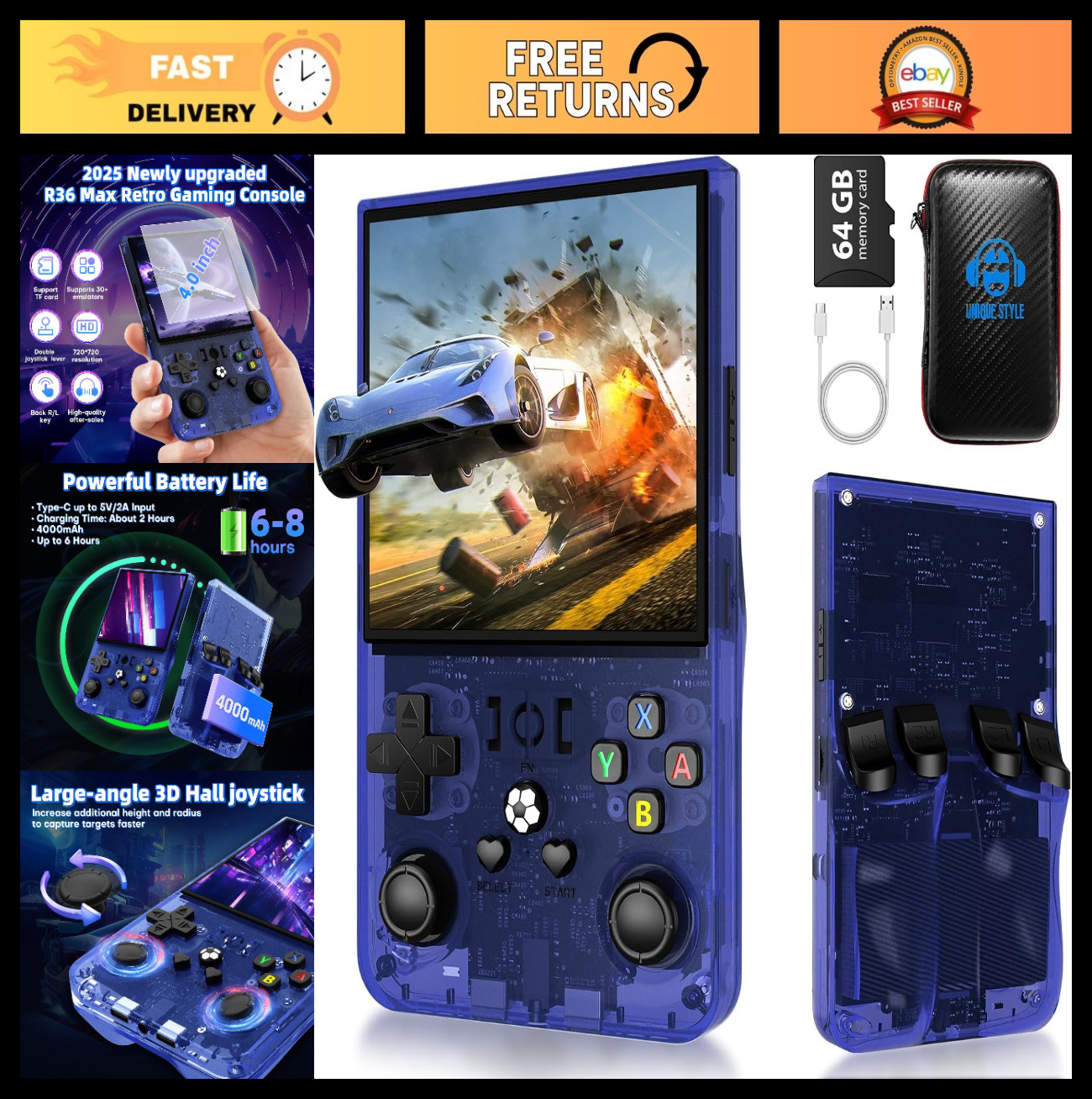 Retro Handheld Gaming Console 4″ Screen, 64GB TF Card, Portable Arcade, Blue