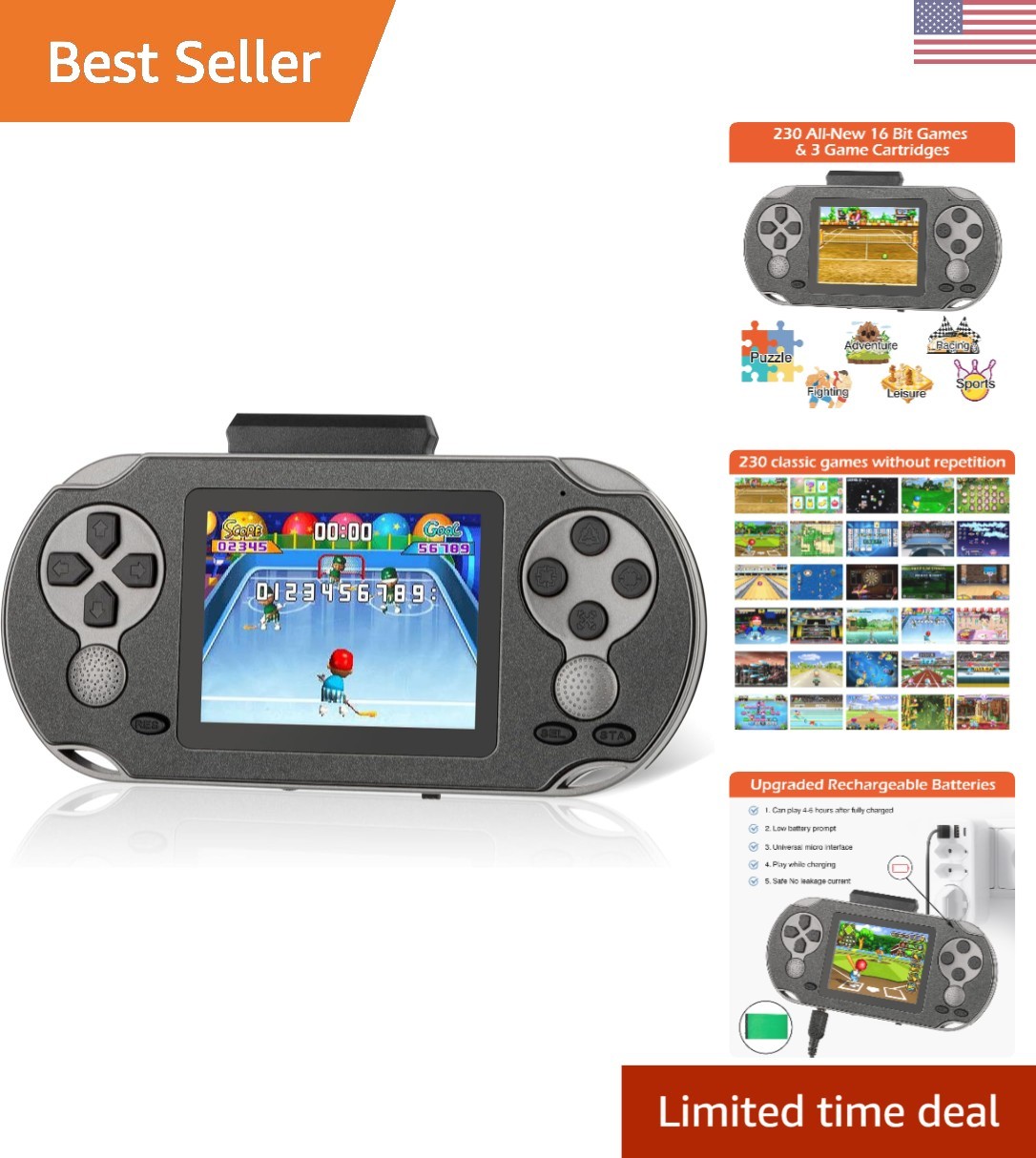 230 Retro HD Games Handheld Console – 3.0” Screen, USB Rechargeable, Black