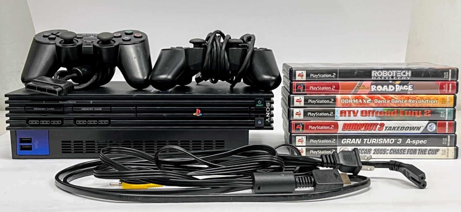 PS2 Fat Console Bundle w/ 2 Controllers, Cables & 7 Games