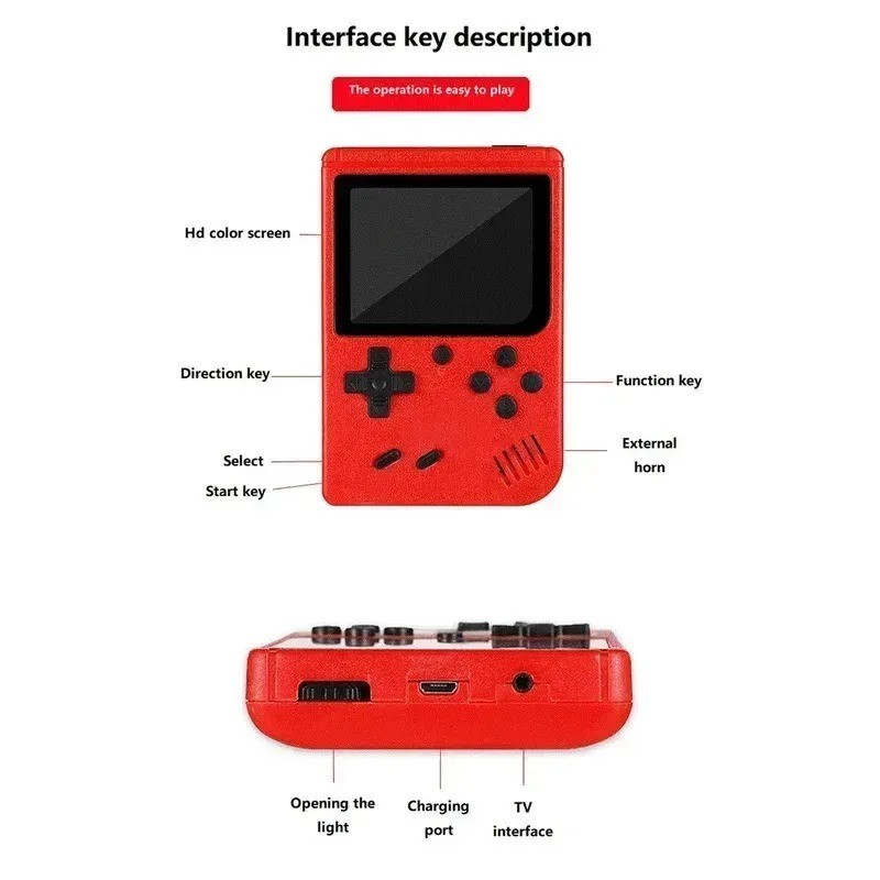 Retro Handheld Game Console 400 Games Built-in Rechargeable Kids TV Connect Red