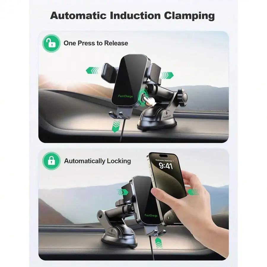 WirelCar Phone Holder – 15W Fast Auto Clamping Mount With And Windshield Compati