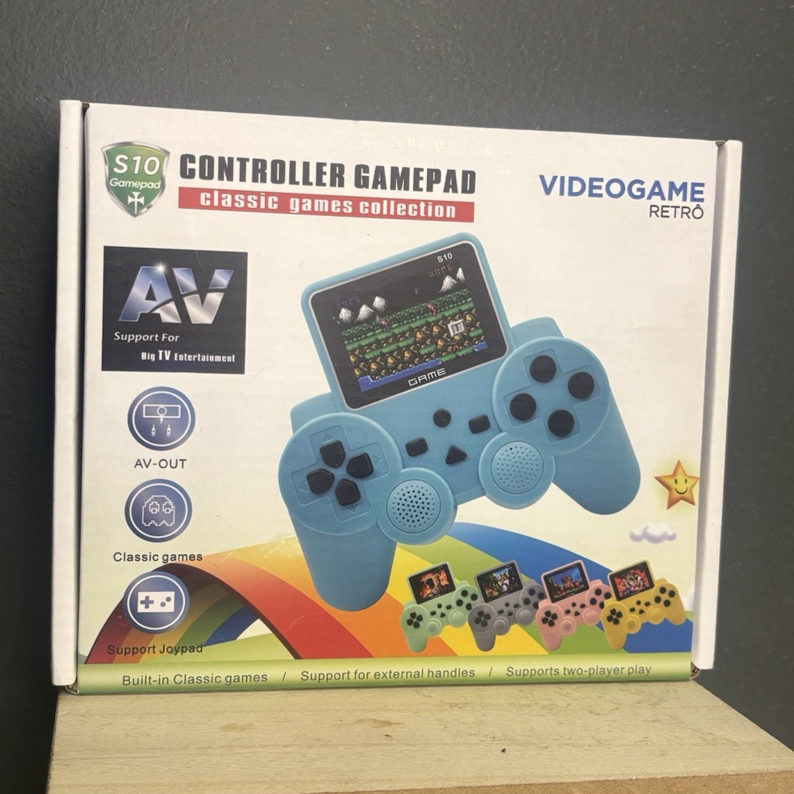 S10 Plug & Play Retro Gamepad Console, Built-in Games, Composite RCA, Blue