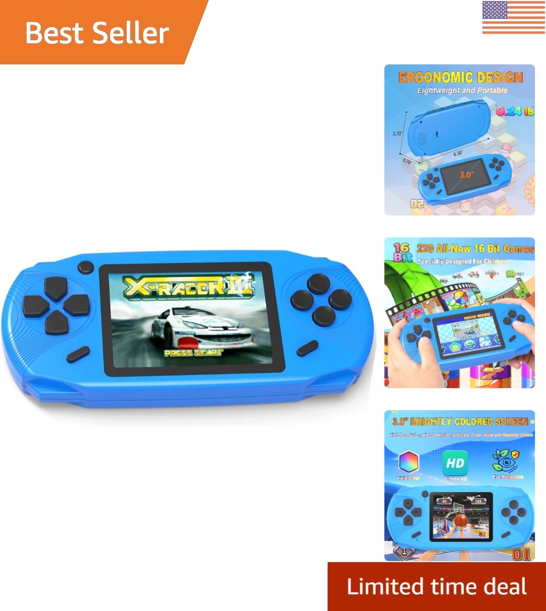 Educational 16-Bit Handheld Game Player – 220 Games, Rechargeable, Lightweight