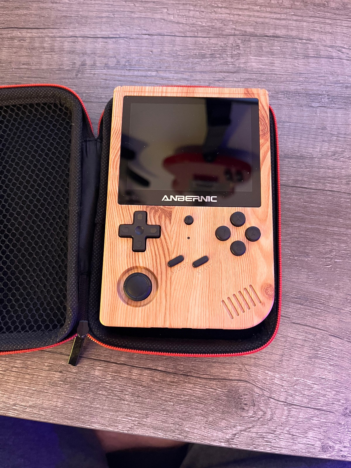 Anbernic RG 351V Woodgrain Black Button Video Game Emulator Handheld w/ Case
