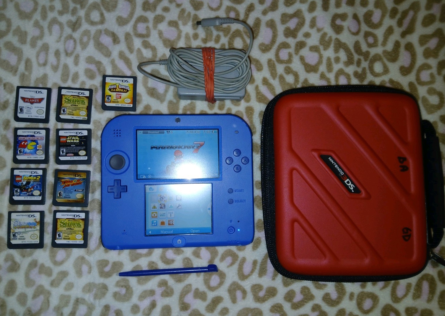 Nintendo 2DS Lot Black/Blue Mario Kart 7 Edition + Charger+ Case + Games Bundle