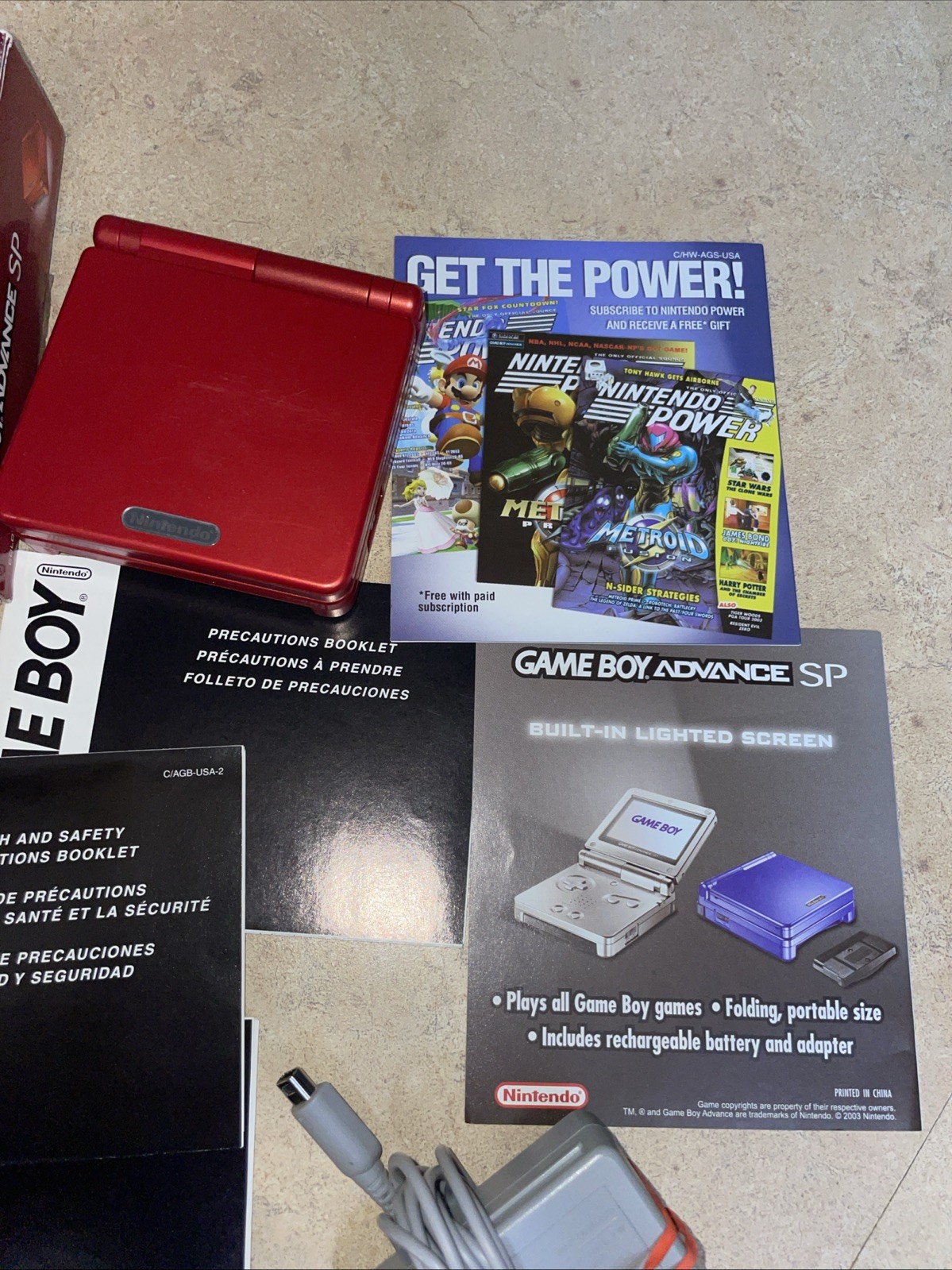 Nintendo Game boy Advanced SP Flame Red AGS-001 CIB w/ Box Charger Manuals CLEAN
