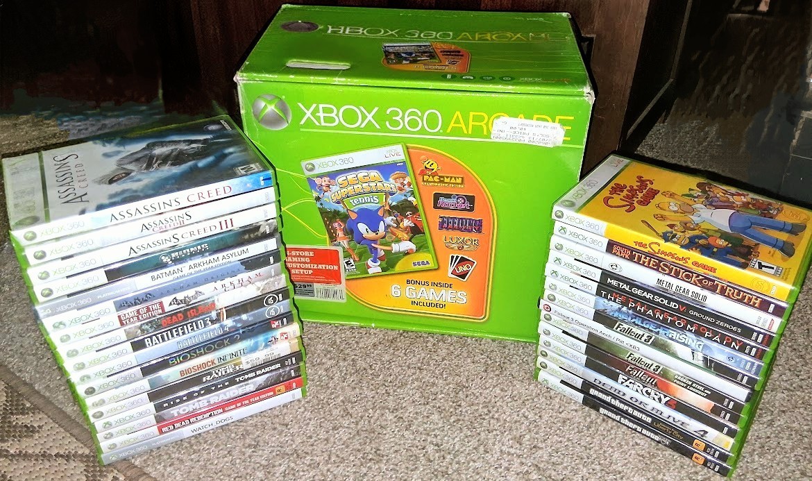 XBOX 360 ARCADE W/ 20GB HD AND 29 GAMES, 2 CONTROLLERS- EXCELLENT QUALITY
