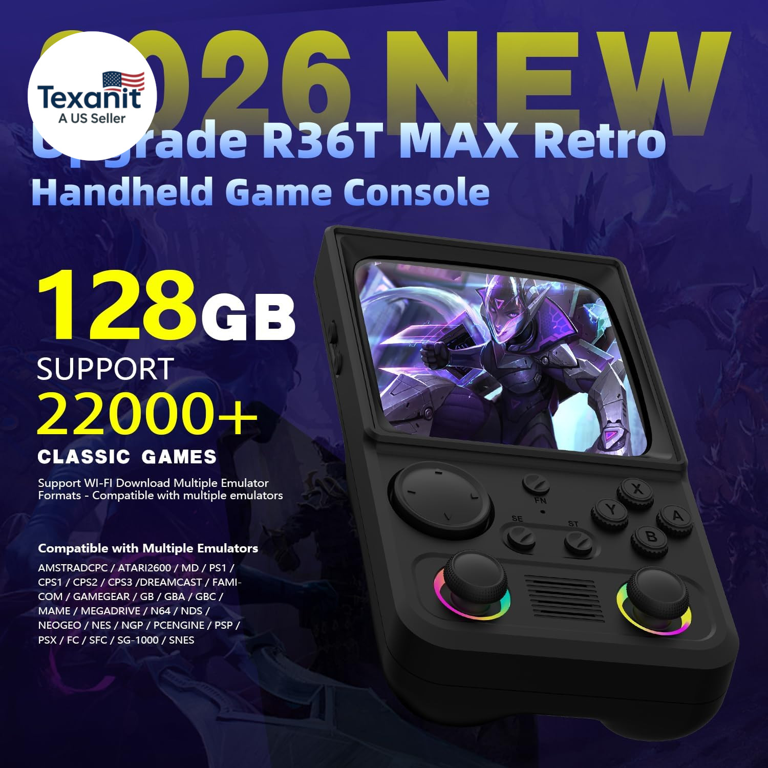 R36TMAX Retro Handheld Game Console, 4.0” 720X720 IPS Screen, 64GB Supports 180