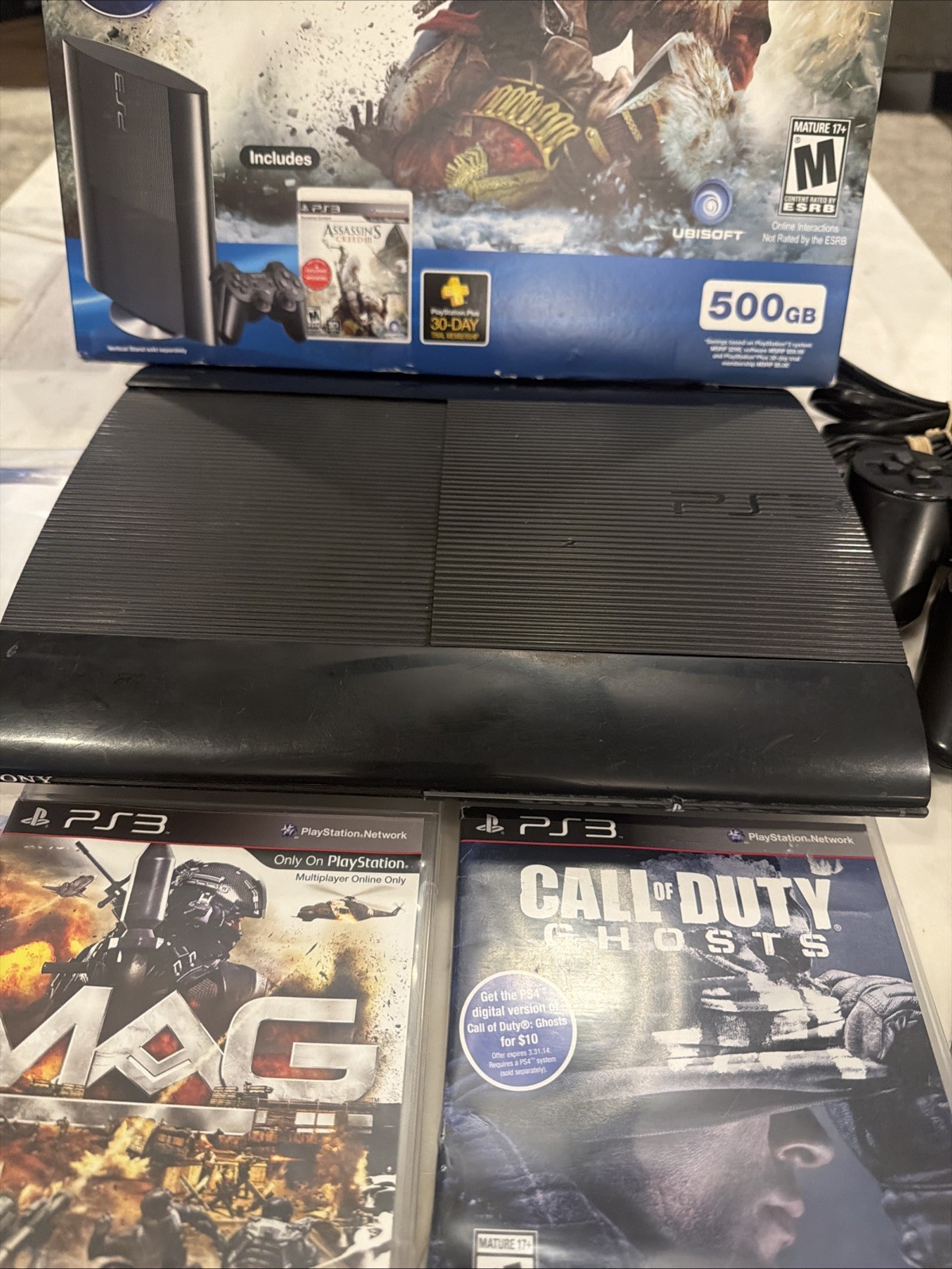 Sony PS3 Super Slim 250GB Console CIB Bundle 2 OEM Controllers 5 Games