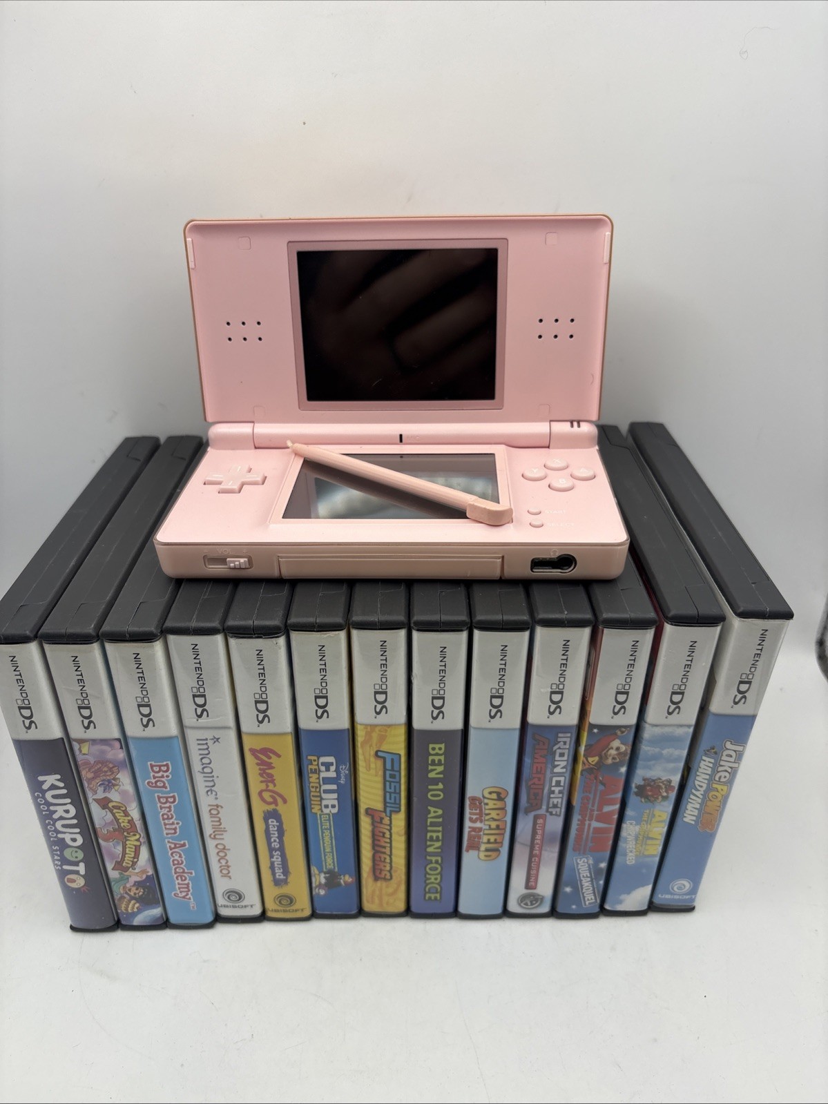Nintendo DS Lite Metallic Rose Pink Console Bundle 13 Games Fossil Fighters CIB