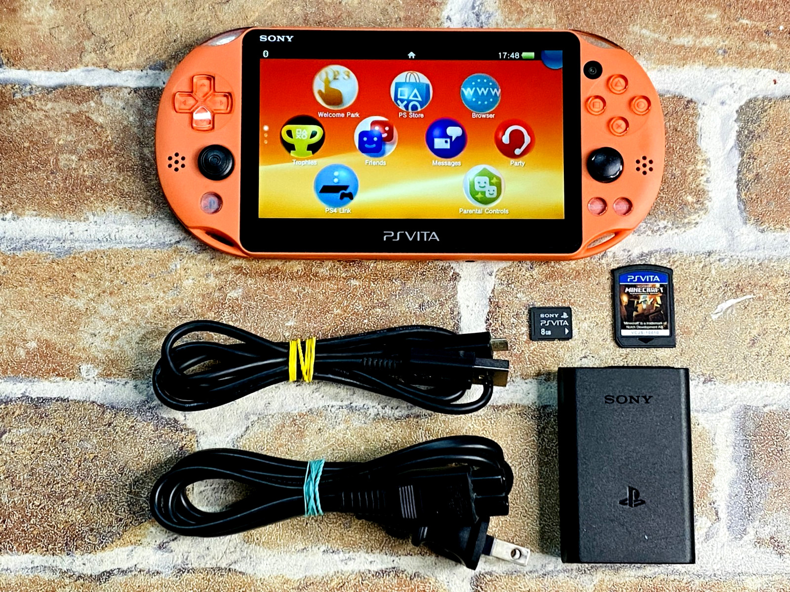PS Vita PCH 2000 NEON ORANGE SONY PlayStation Japan Charger 8GB MINE CRAFT Ex P