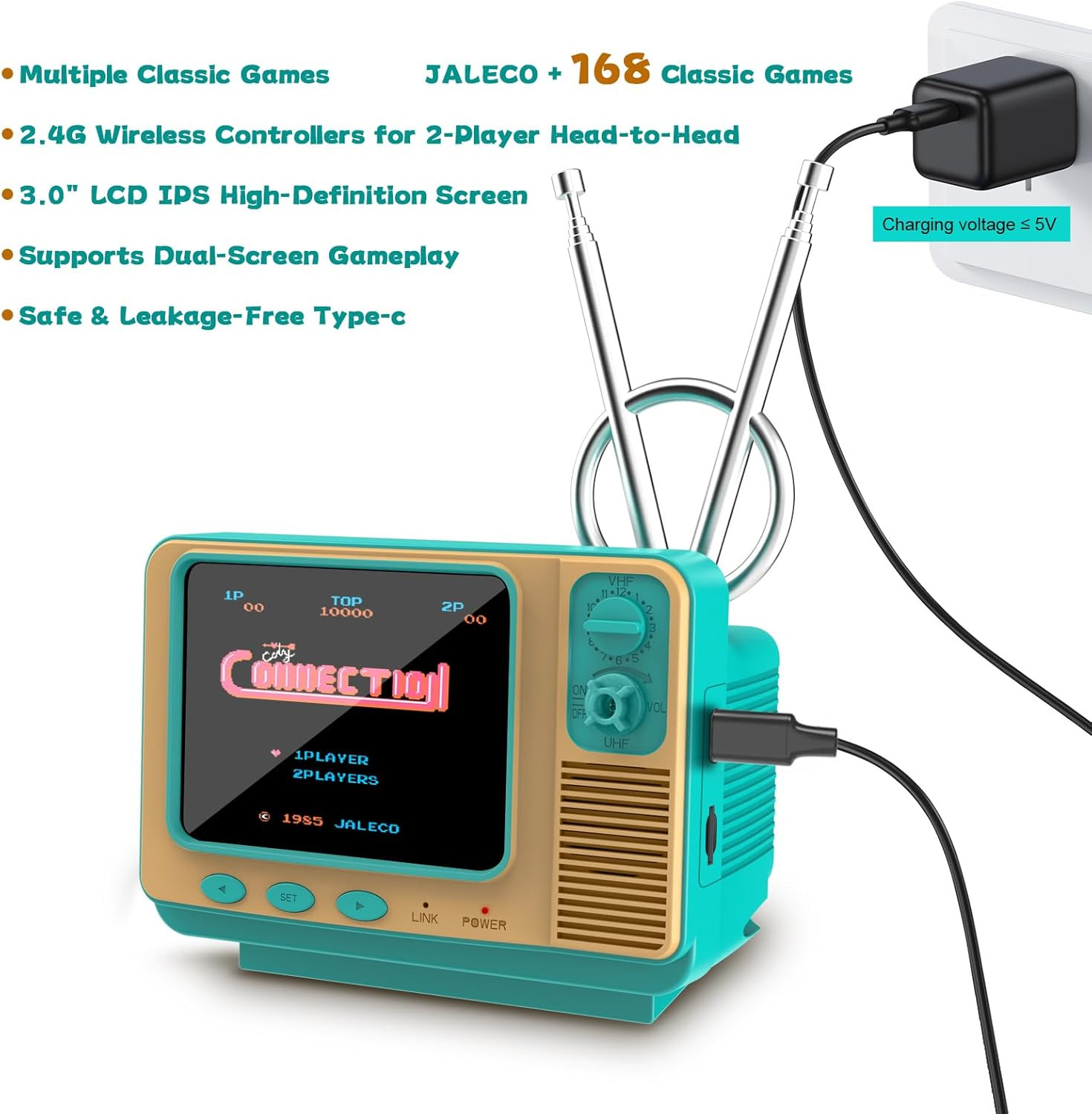 Retro Handheld Game Console – GV300S JALECO+168 Classic Games Mini TV Style with