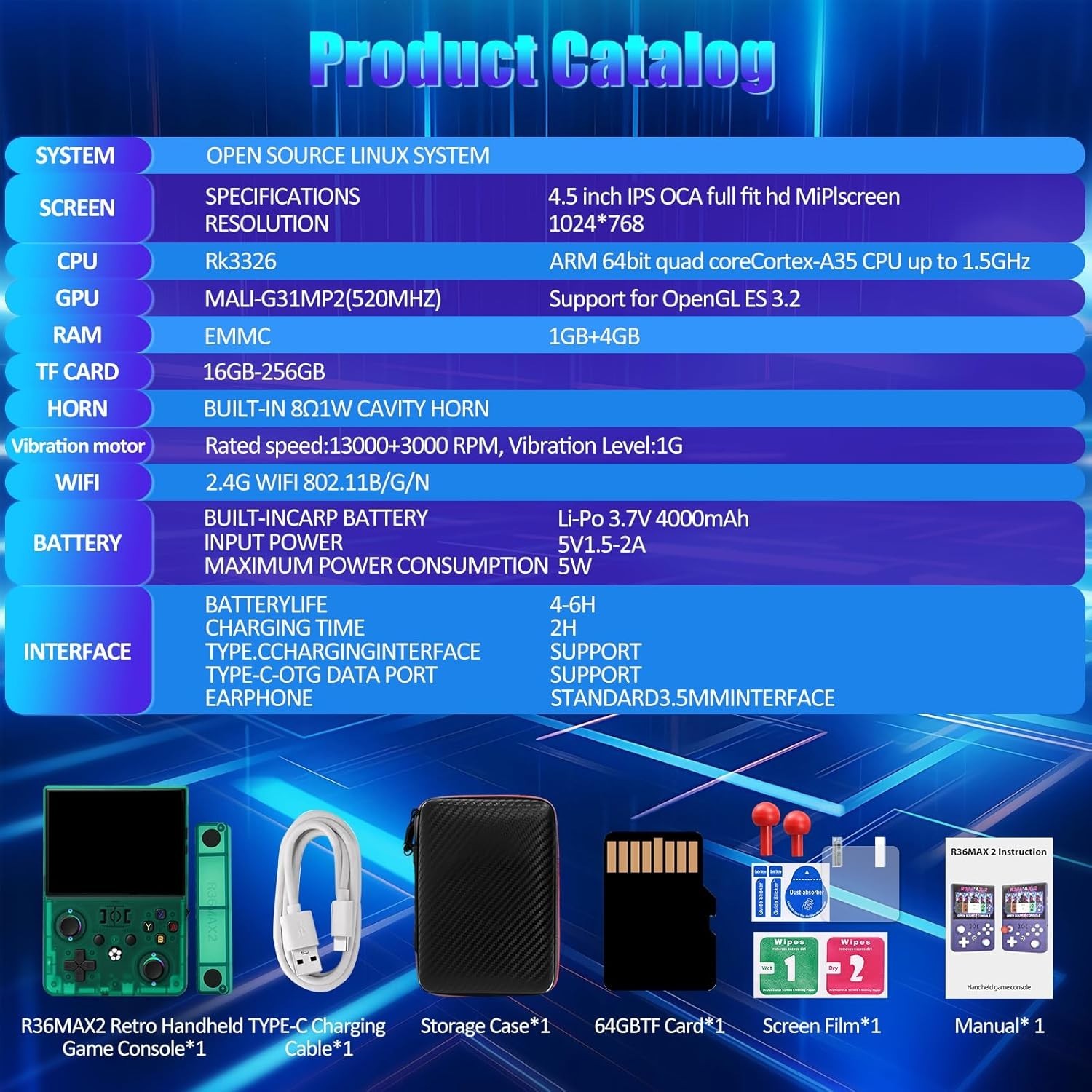 R36MAX 2 Retro Handheld Game Console, 4.5 Inch, HD Screen 128GB Green Color